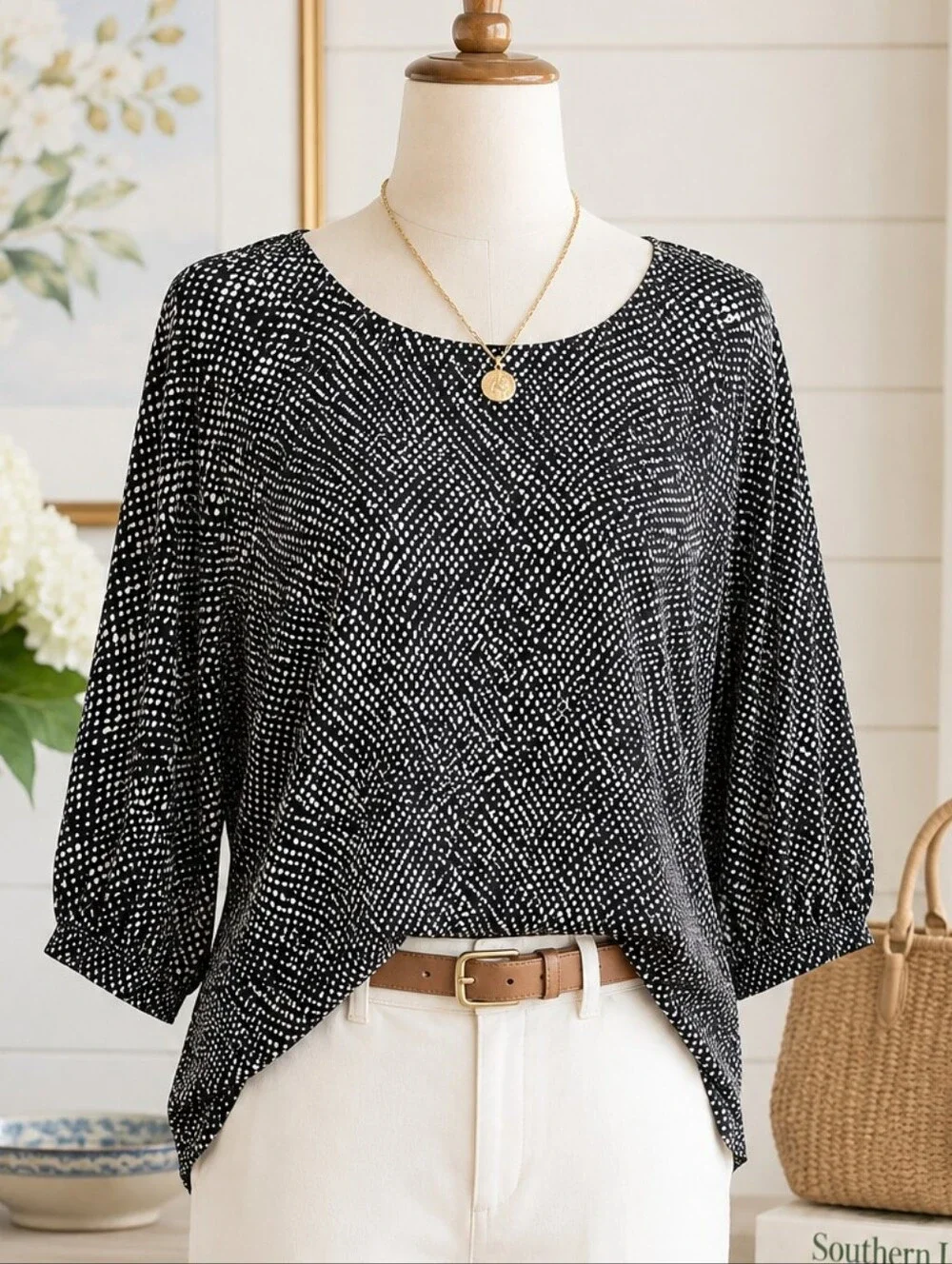 Michael Kors Black White Dot Print Balloon Sleeve Top 1X